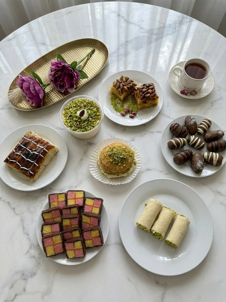 A table of handmade Sweets Beyond Shop desserts: baklava, stuffed dates, battenberg cake and pistachio rolls